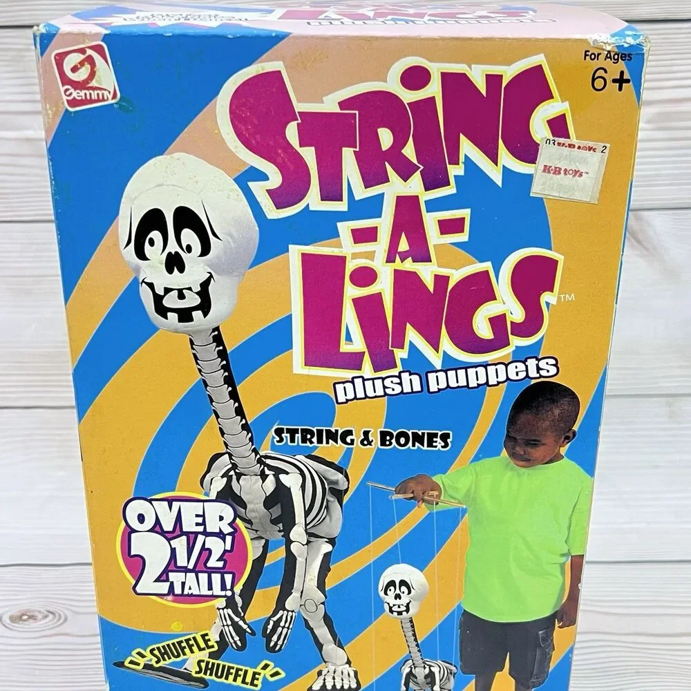 Vintage 2001 Gemmy String-A-Lings Plush Puppet Skeleton & Bones Marionette NOS